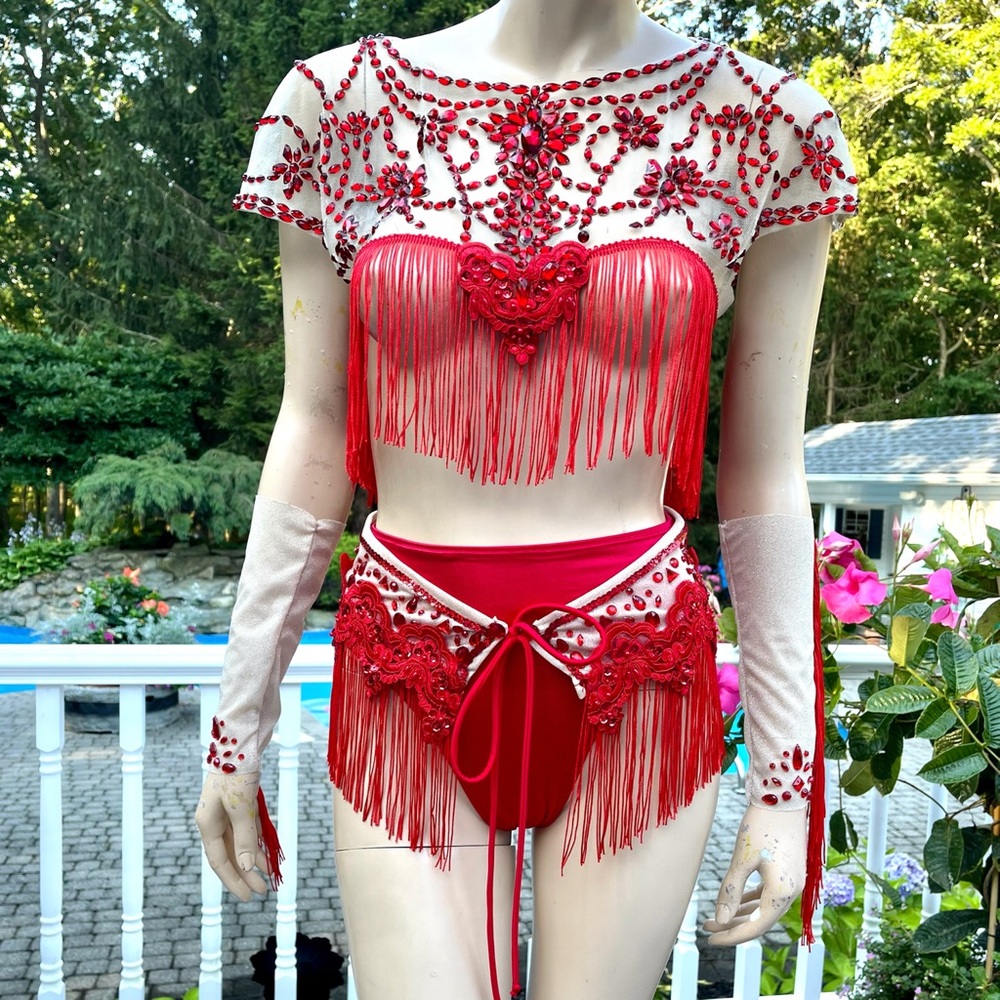 Ruby Red High Waist skirt Panty and fringe rhinestone top